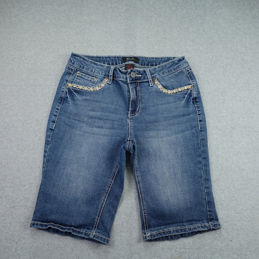 Earl Jean Shorts Womens 8 Blue Bermuda Embellished Denim Stretch Casual